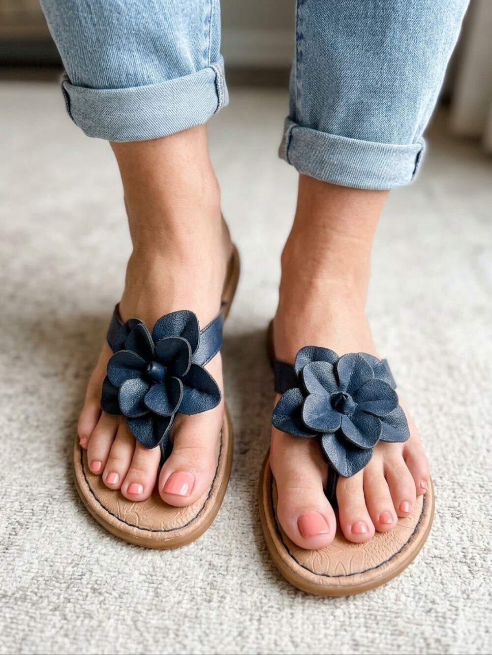 b.o.c. Navy Flower Applique Leather Slide Sandals for Women